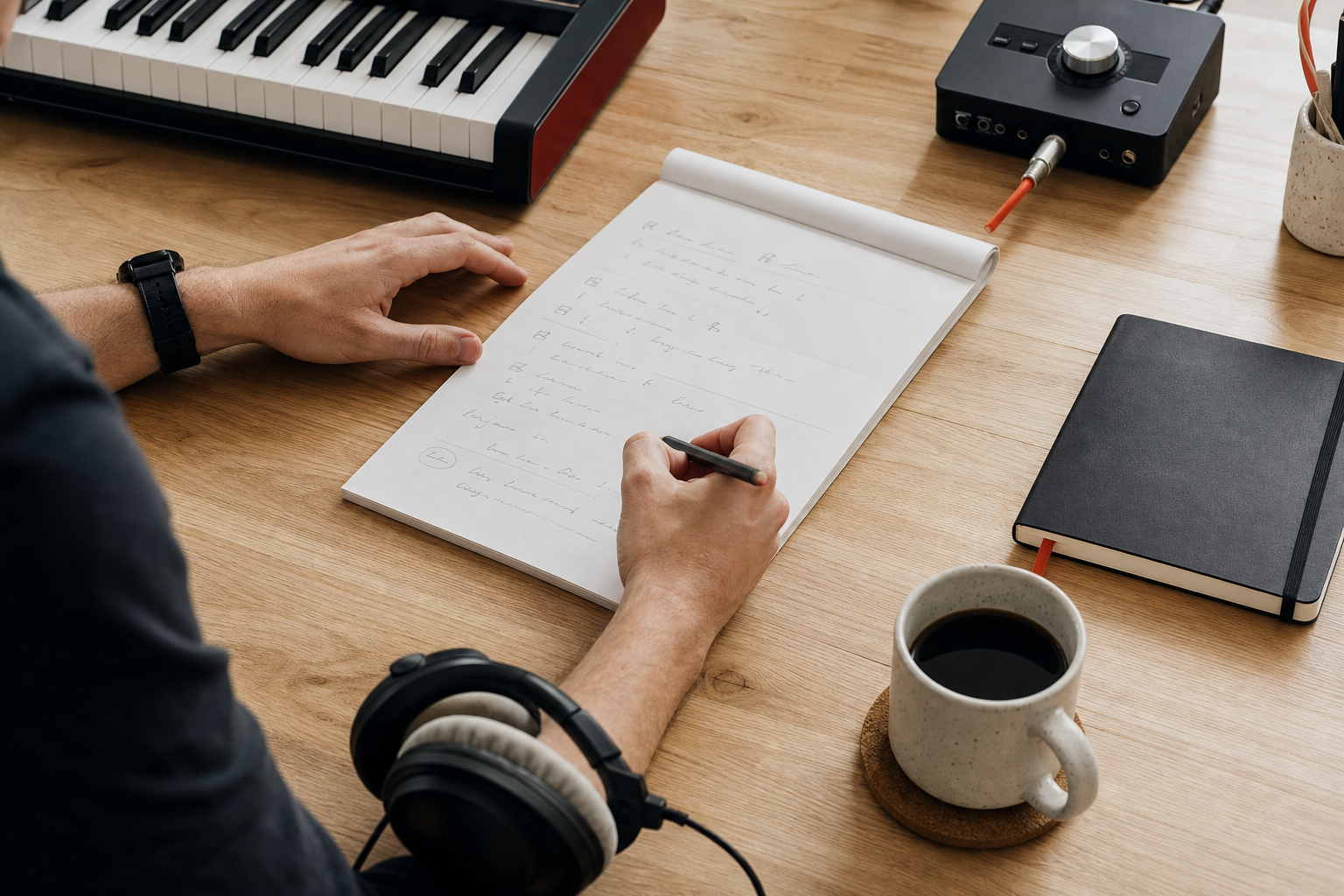 Songwriter marking up a custom commercial jingle brief at a studio desk
