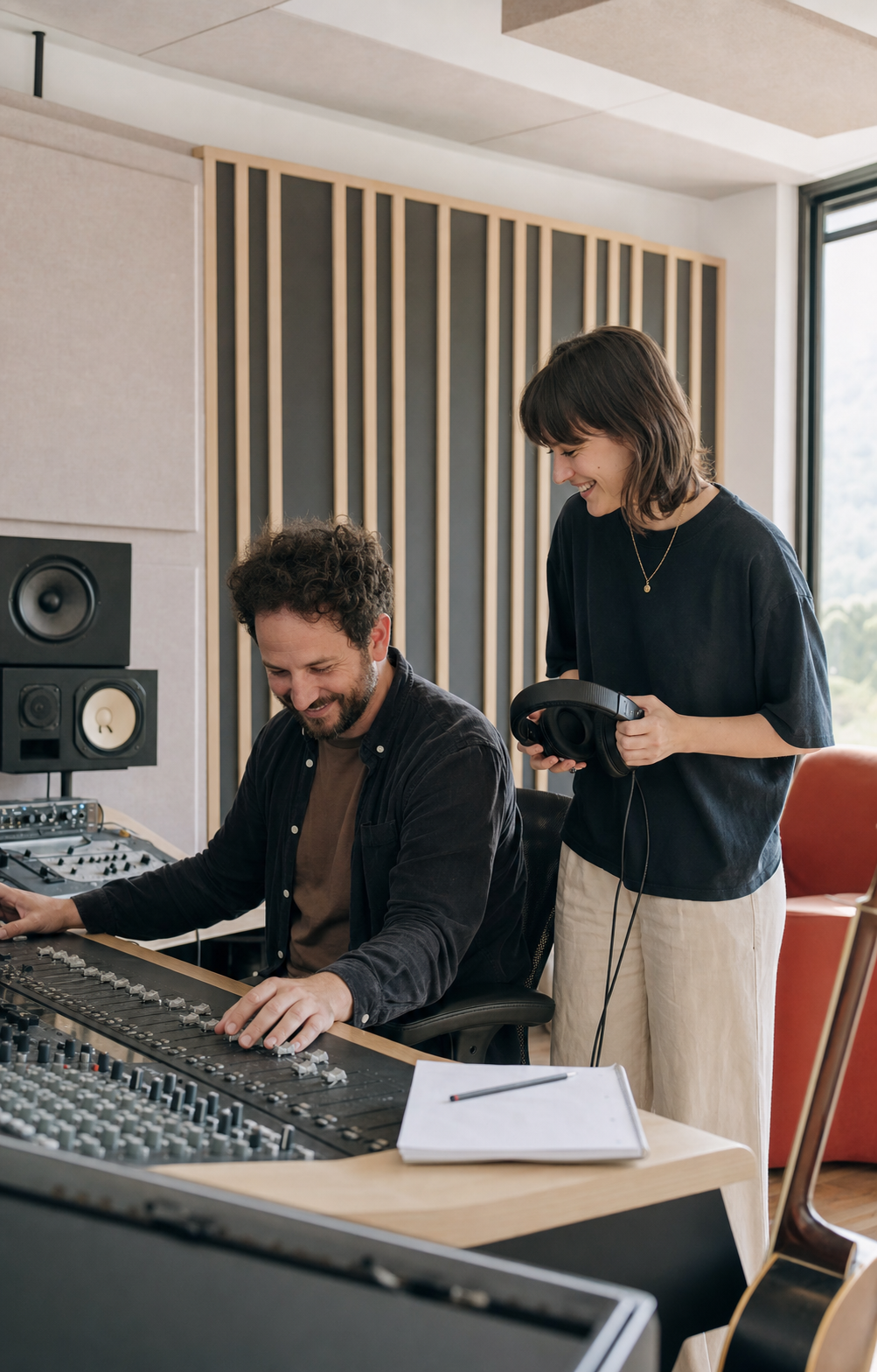 Producer and vocalist listening back to a finished commercial jingle