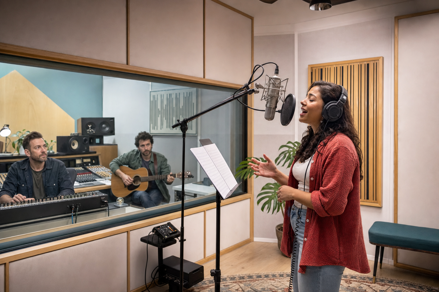 Vocalist recording a custom commercial jingle with musicians in a bright studio