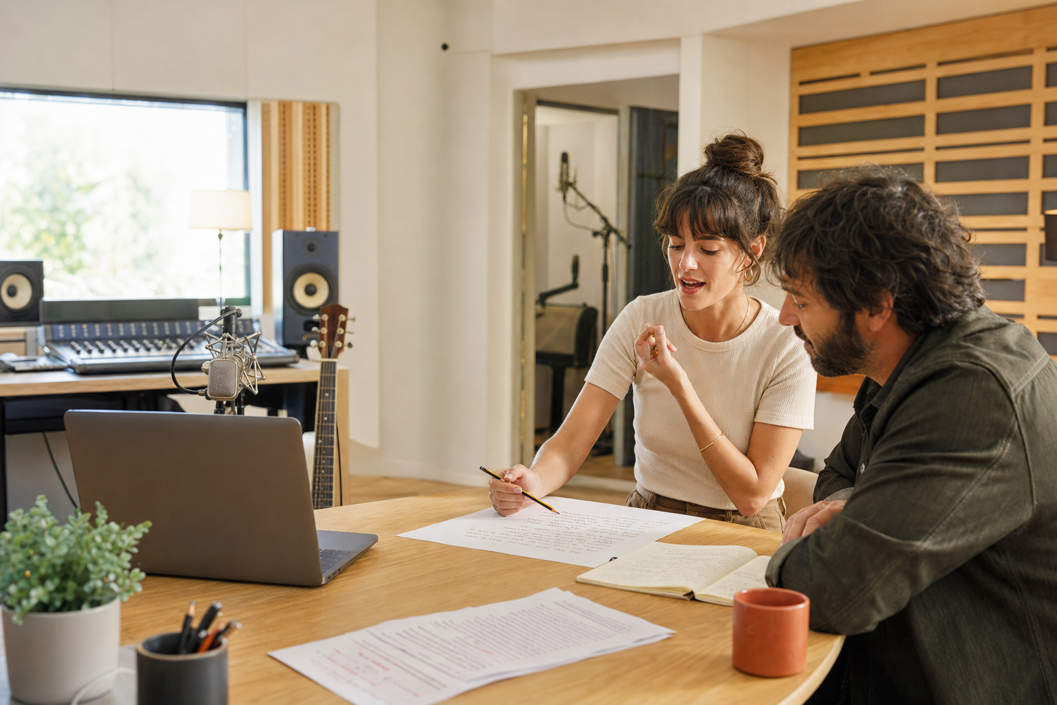 Producer and vocalist writing a commercial jingle around a client brief