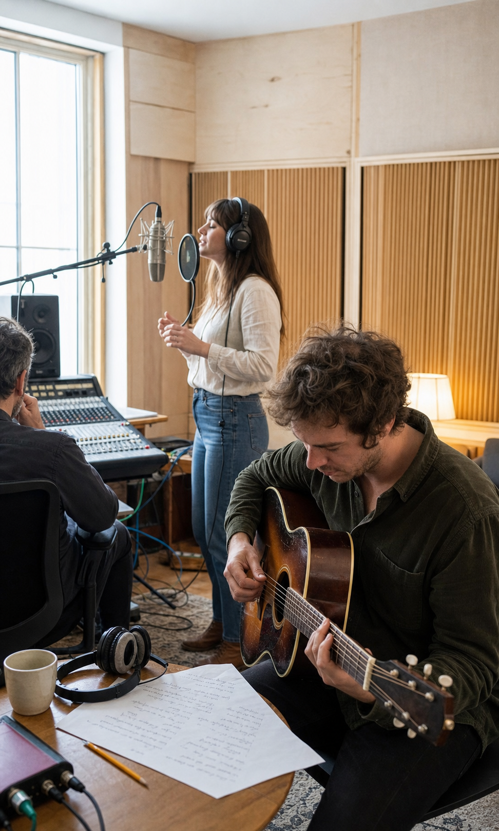 A vocalist, guitarist and producer working together on a jingle session