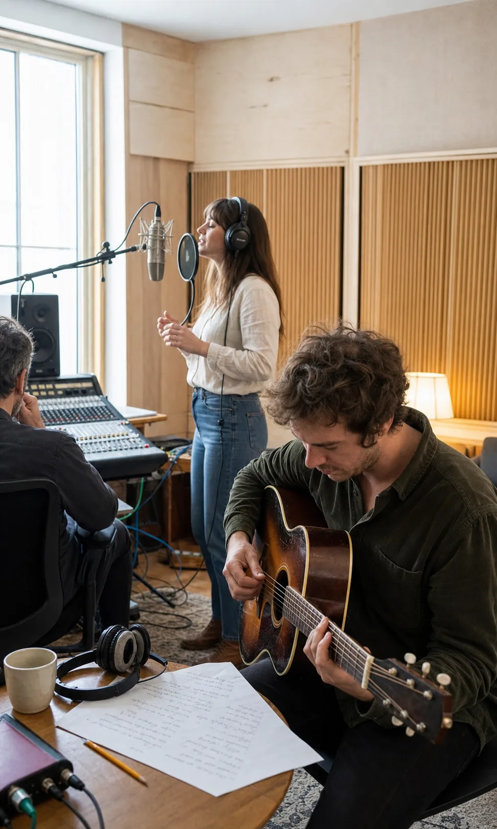 A vocalist, guitarist and producer working together on a jingle session